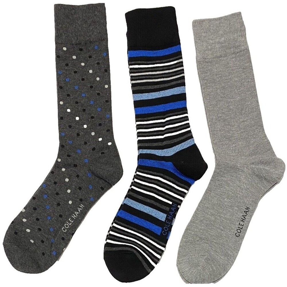 Cole Haan Men's Dress Crew Socks Black Stripe Gray Solid Gray Polka Dot 3 Pair